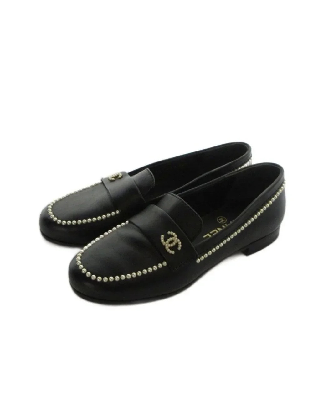 Chanel Loafers Moccasins CC Logo Faux Pearl Leather 34 Black